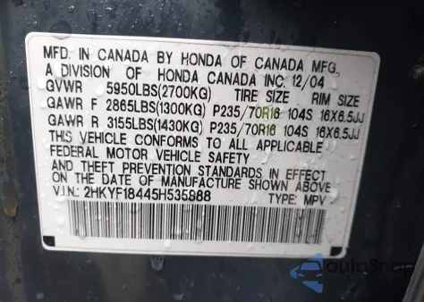 2005 Honda Pilot Ex z USA, uszkodzony, nr VIN 2HKYF18445H535888